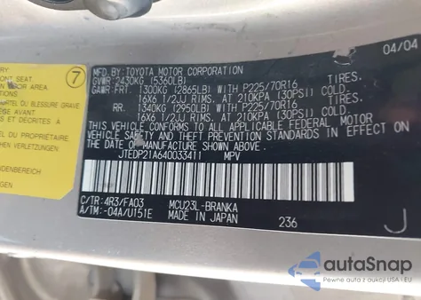 2004 Toyota Highlander V6 from USA, damaged, VIN JTEDP21A640033411